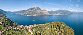 Panoramic aerial view of Bellagio on green promontory on the shore of Lake Como, Province of Como, Lombardy, Italian Lakes, Italy, Europe (Drone)