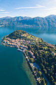 Panoramic aerial view of Bellagio on green promontory surrounded by Lake Como, Province of Como, Lombardy, Italian Lakes, Italy, Europe (Drone)