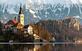 Church of the Assumption and Bled Castle, Lake Bled, Slovenia, Europe
