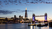 Tower Bridge and The Shard at sunset, taken from Wapping, London, England, United Kingdom, Europe