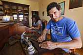 worker forming a cigar, man, manufacture of cigars, cigars, Brena Alta, UNESCO Biosphere Reserve, La Palma, Canary Islands, Spain, Europe