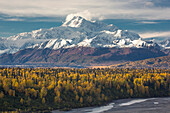 Mount Denali above Chulitna River and taiga in autumn, Denali National Park, Alaska