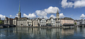 Munster bridge, river Limmat, Fraumunster, St. Peters church, cityscape Zurich, Panorama,  switzerland