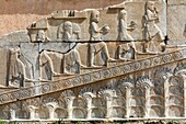 Persepolis, Iran - 24 February 2016: Frieze with rocession of gift bearers on Tashara staircase.