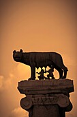 Rome, Italy. La Lupa Capitolina 'the Capitoline Wolf'. Statue on Capitoline Hill of Romulus and Remus, the mythical founders of Rome, suckled by a wolf. The Historic Centre of Rome is a UNESCO World Heritage Site.