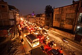 Traffic in north Thamel (Leknath Marg) downtown Kathmandu, Nepal.
