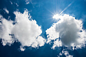 Cumulus-Wolken und blauer Himmel mit Sonne, Cumulus, Haufenwolke, Quellwolke, Schäfchenwolke