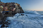 Seastorm in Manarola, Cinque Terre, municipality of Riomaggiore, La Spezia provence, Liguria, Italy, Europe