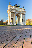 View of the Arco della Pace monument in Piazza Sempione. Milan, Lombardy, Italy.