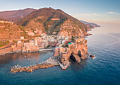 Vernazza, 5 Terre, Liguria, Italy. Aerial view of Vernazza at sunset.