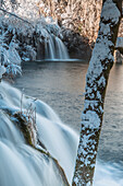 Hidden waterfall of Plitvice Lakes National Park in winter, Plitvicka Jezera, Lika and Senj County, Croatia