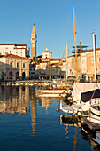 Tartini square viewed from the harbour at sunset, Piran, Istria, slovenia