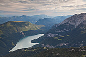 Lake Molveno, Brenta dolomites, Trento district, Adamello Brenta natural park, Trentino Alto-Adige, Italy. View from Piz Galin towards lake Molveno