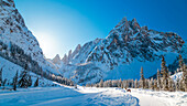 Val Fiscalina, Sesto/Sexten, Dolomites, Bolzano province, South Tyrol, Italy. Sunny winter morning under the Croda dei Toni and the Crode Fiscaline in Fiscalina Valley
