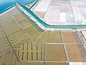 Aerial view of salt flats at sunrise, Saline dello Stagnone, Marsala, province of Trapani, Sicily, Italy