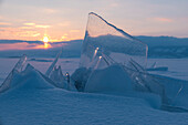 Natural transparent ice sculpture at sunset at Lake Baikal, Irkutsk region, Siberia, Russia