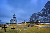 Church and graveyard in Gimsoy at dusk, Gimsoy, Lofoten, Nordland, Norway