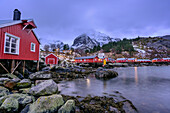 Fisherman´s cabins in Nusfjord at dusk, Nusfjord, Lofoten, Nordland, Norway