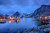 Harbour and fisherman´s cabins in Hamnoy at dusk, Lofoten, Nordland, Norway