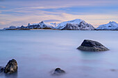 Beach with view to Flakstadoya, Lofoten, Nordland, Norway