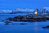 Lighthouse of Gimsoy at dusk, Lofoten, Nordland, Norway