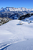 Abfahrtsspuren am Peitlerkofel, Peitlerkofel, Naturpark Puez-Geisler, UNESCO Weltnaturerbe Dolomiten, Dolomiten, Südtirol, Italien