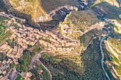 Aerial view of Alquezar village at sunset. Alquezar, Huesca, Aragon, Spain, Europe
