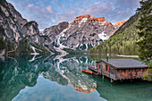 Braies / Prags, Dolomites, South Tyrol, Italy. The Lake Braies / Pragser Wildsee at sunrise