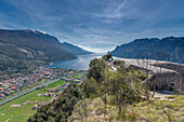 Torbole sul Garda, Lake Garda, Trento province, Trentino Alto Adige, Italy, Europe. View from Mount Brione with the Fort 'Middle Battery' to Torbole sul Garda