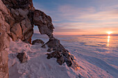 Naturally scalptured rock at sunrise at Lake Baikal, Uyuga cape, Irkutsk region, Siberia, Russia