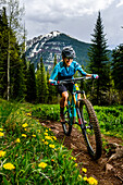 Woman mountain biker in scenic landscape rides downhill on the Ice Lakes trail, USA