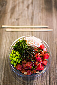 Poke, traditional Hawaiian dish with raw fish and beans, Seattle, Washington State, USA