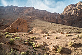Distant view of man bouldering, Todra Gorge, Atlas Mountains, Morocco