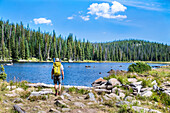 Rear view of male backpacker at shore of Fishhook lake, Routt National Forest, Colorado, USA