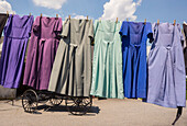 Traditional Amish dresses hanging on clothesline, Intercourse, Pennsylvania, USA