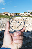 View through lens of Greek Theatre of Syracuse, Sicily, Italy