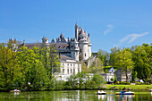 Oise. Pierrefonds. The castle of Pierrefonds. Foreground: Lake Pierrefonds and pedal boats.