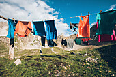 Hiking clothes on the clothesline in the middle of the mountain range, E5, Alpenüberquerung, 2nd stage, Lechtal, Kemptner Hütte  to Memminger Hütte, tyrol, austria, Alps