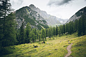 Long distance hiking path through mountain valley, E5, Alpenüberquerung, 3rd stage, Seescharte,Inntal, Memminger Hütte to  Unterloch Alm, tyrol, austria, Alps