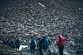 Hiking group on the ascent in the boulder field, E5, Alpenüberquerung, 4th stage, Skihütte Zams,Pitztal,Lacheralm, Wenns, Gletscherstube, Zams to  Braunschweiger Hütte, tyrol, austria, Alps