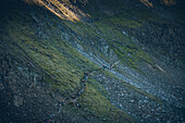 Hiking group passes scree field, E5, Alpenüberquerung, 5th stage, Braunschweiger Hütte,Ötztal, Rettenbachferner, Tiefenbachferner, Panoramaweg to Vent, tyrol, austria, Alps