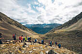 Hiking group on the way to Vernagt reservoir, E5, Alpenüberquerung, 6th stage, Vent,Niederjochbach, Similaun hut, Schnalstal, Vernagt reservoir, Meran