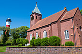 St. Nikolai Church and old lighthouse, Wangerooge, East Frisia, Lower Saxony, Germany