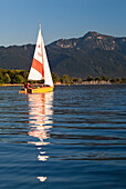Small Sailing Boat in the field Wieser bay in front of the beach, harbor and the mighty Hochfelln sailors in the background