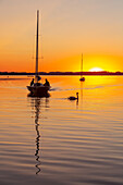 Sailboats and swan in the last evening light at the Chiemsee, in the background the islands on the horizon