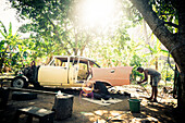 Cuban open air garage, Vinales, UNESCO National Park,  Pinar del Rio, Cuba, Caribbean, Latin America, America