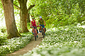 Young  woman young man on bicycle tour, Kochel, bavaria, germany