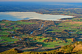View down to lake Chiemsee and Tiroler Ache with delta of Ache, from Hochgern, Chiemgau Alps, Upper Bavaria, Bavaria, Germany