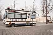 hrun down and strange Police vehicle parking at Olympic Green, Beijing, China, Asia