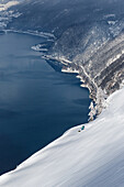 Young woman skis down a powder slope at Bärenkopf, Pertisau, Tyrol, Austria